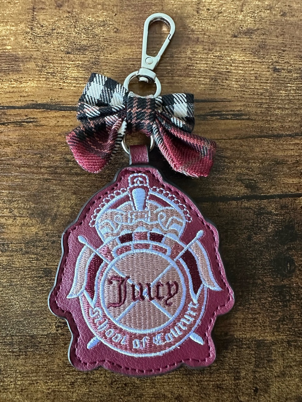 Juicy Couture Burgundy Embroidered Crest & Bow Bag Charm Keychain NWOT